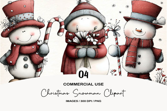 Christmas Snowman Clipart PNG Bundle | Cute Watercolor Holiday Snowman Clipart