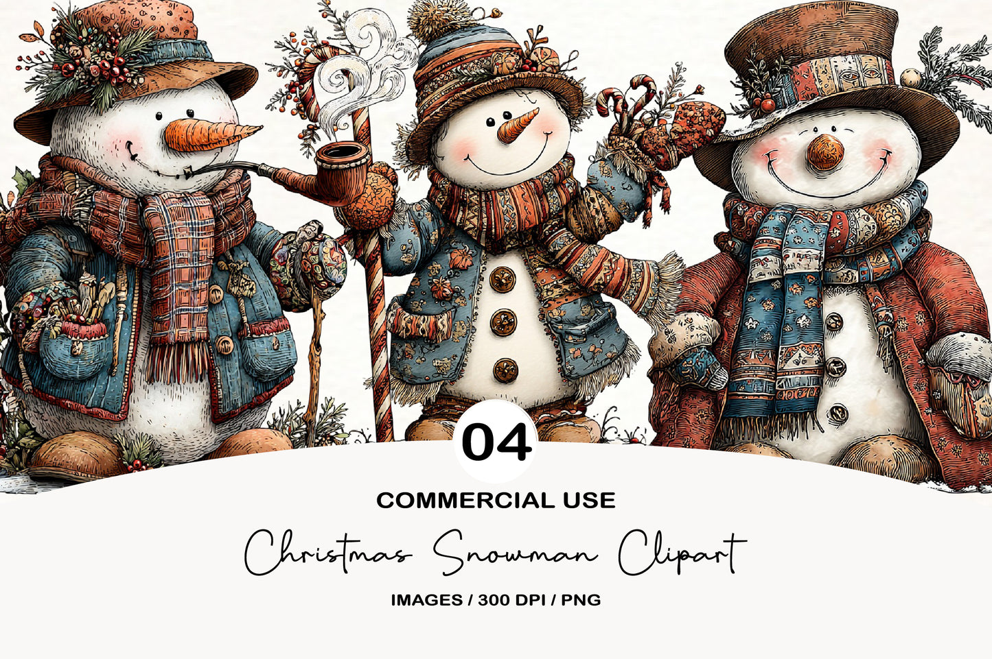 Christmas Snowman Clipart PNG Bundle | Cute Watercolor Holiday Snowman Clipart | Festive Winter Snowman PNG