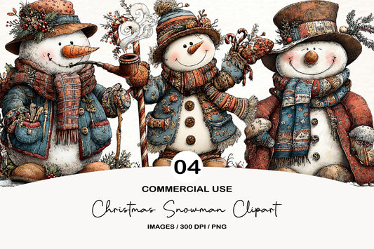Christmas Snowman Clipart PNG Bundle | Cute Watercolor Holiday Snowman Clipart | Festive Winter Snowman PNG