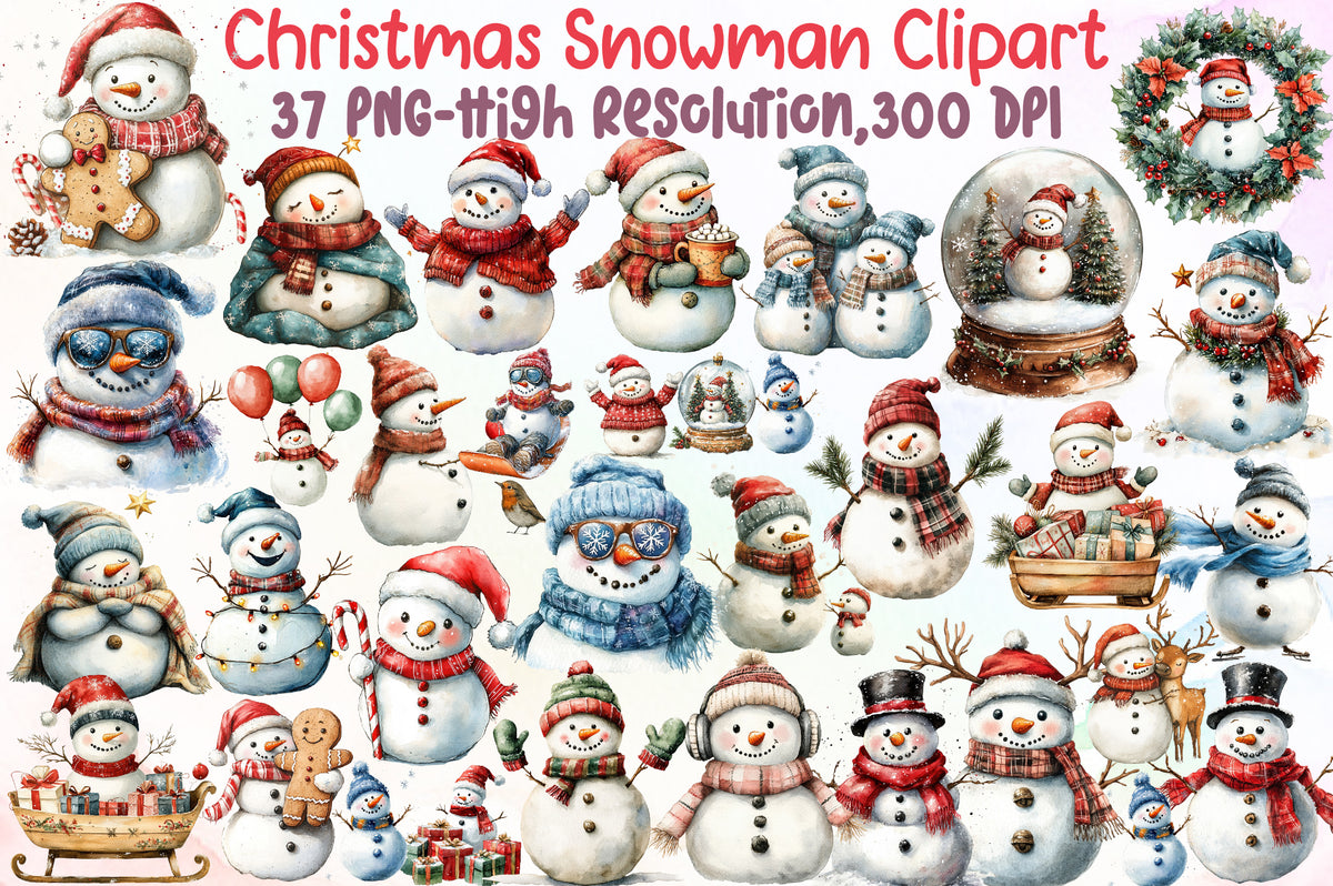 Christmas Snowman Watercolor Clipart PNG Bundle