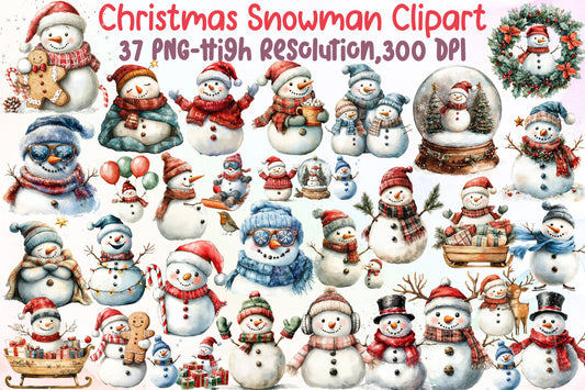 Christmas Snowman Watercolor Clipart PNG Bundle