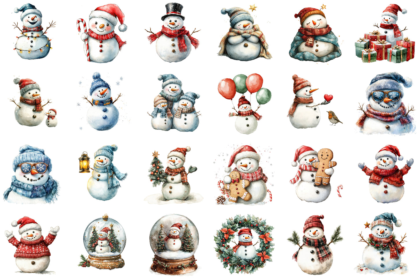 Christmas Snowman Watercolor Clipart PNG Bundle