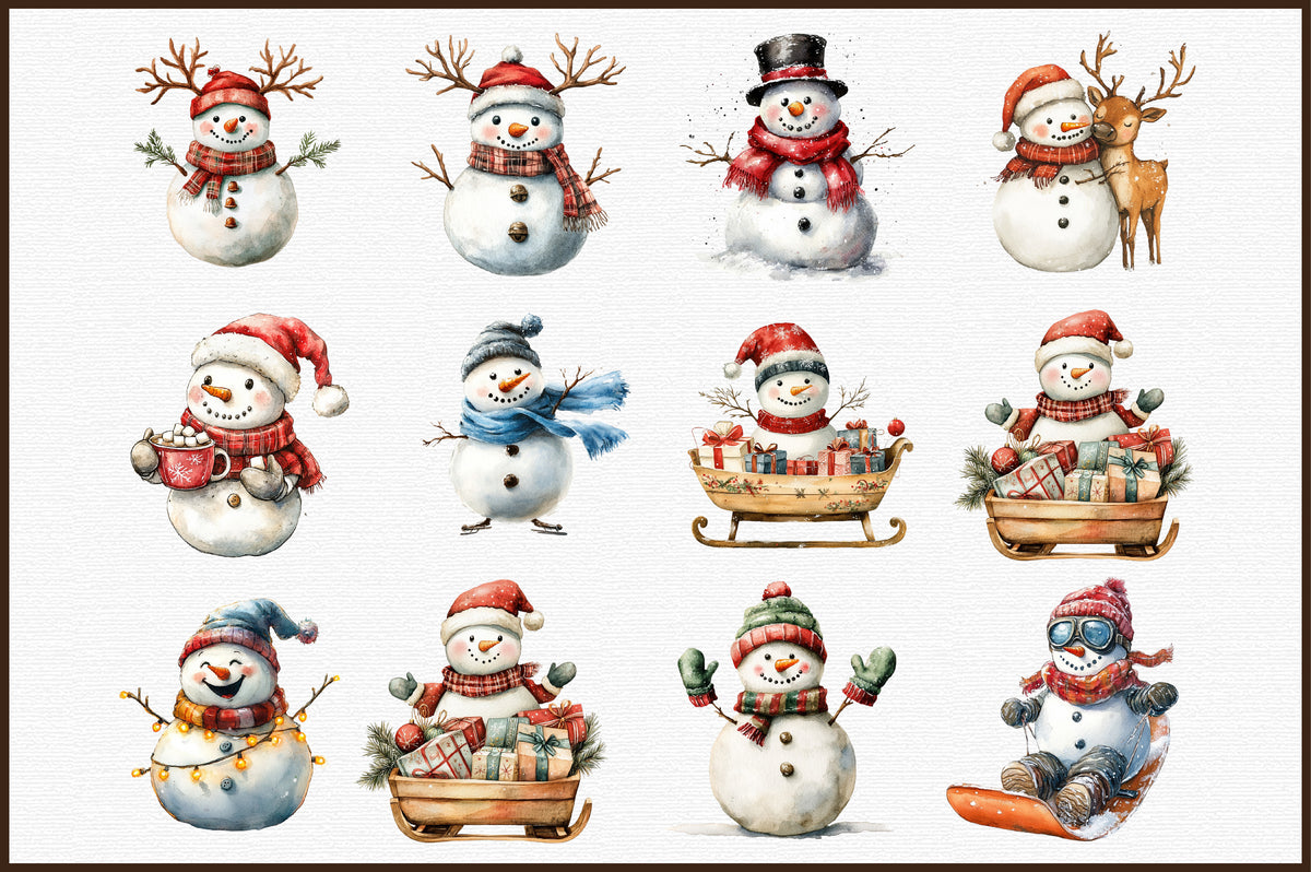 Christmas Snowman Watercolor Clipart PNG Bundle