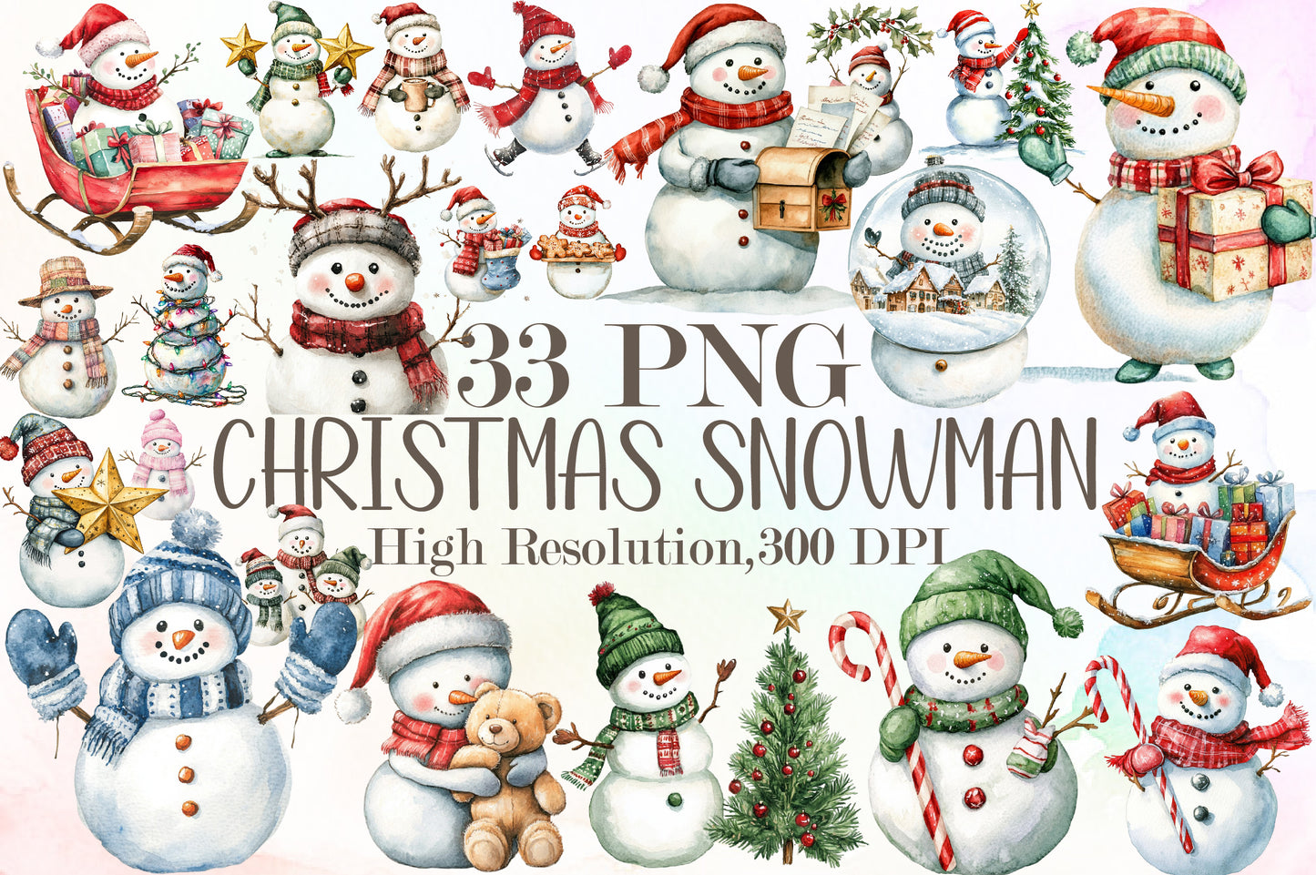 Christmas Snowman Clipart PNG Bundle Commercial Use