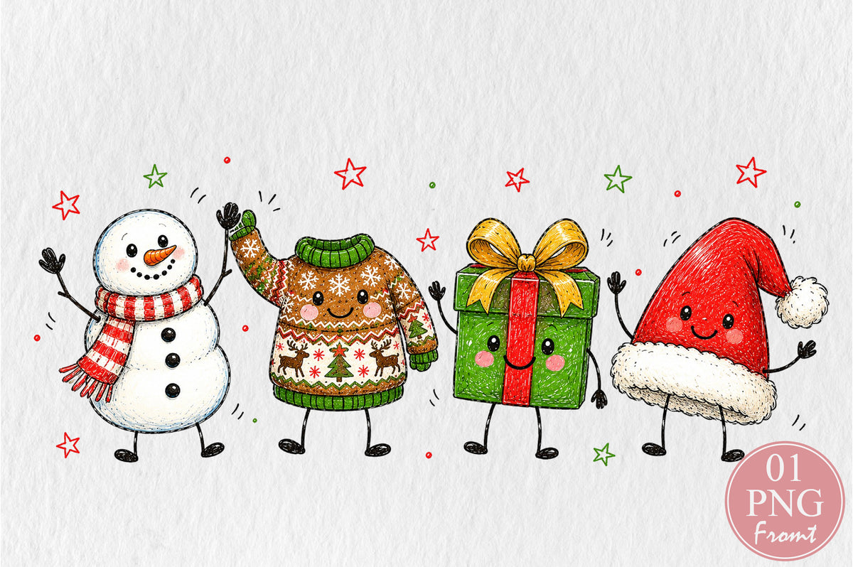 Cute Christmas Snowman Doodle Characters PNG Snowman Sweater Gift Santa Sublimation