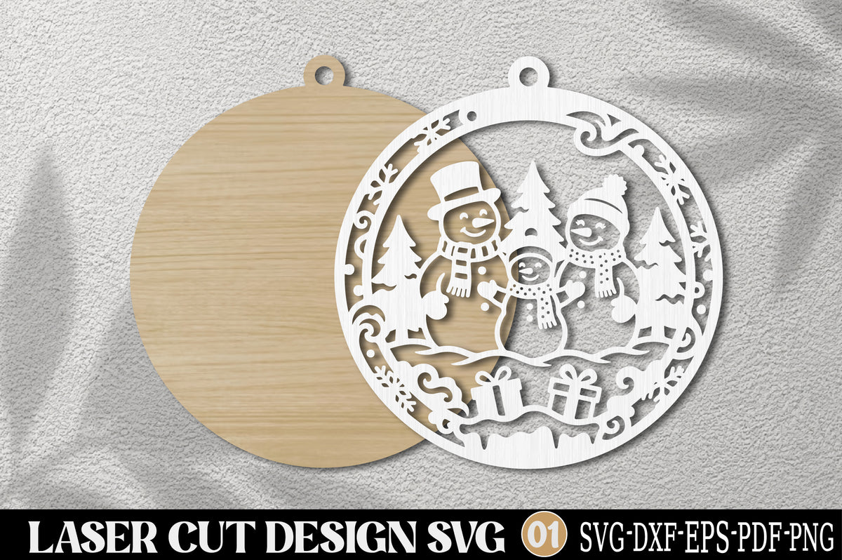 Christmas Snowman Family Ornament SVG | Winter Snowman Scene Laser Cut