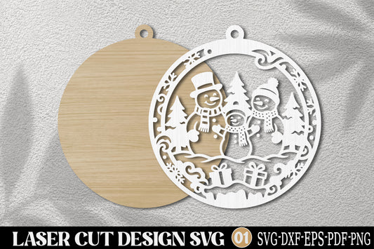 Christmas Snowman Family Ornament SVG | Winter Snowman Scene Laser Cut