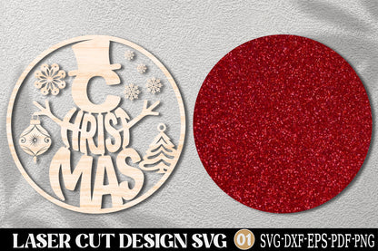 Merry Christmas Reindeer Ornament SVG Laser Cut | Christmas Deer Holiday Design