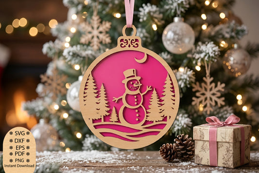 Christmas Snowman Ornament Laser Cut SVG, Snowman Christmas Tree Ornament Cut File, Winter Snowman SVG Design
