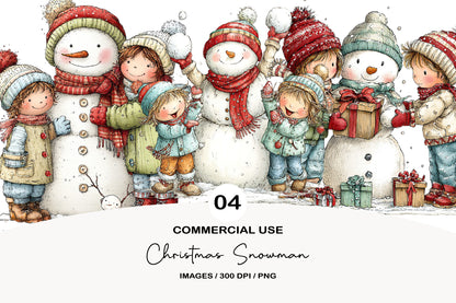 Christmas Snowman Clipart PNG Bundle | Cute Watercolor Holiday Snowman Clipart | Festive Winter Snowman PNG