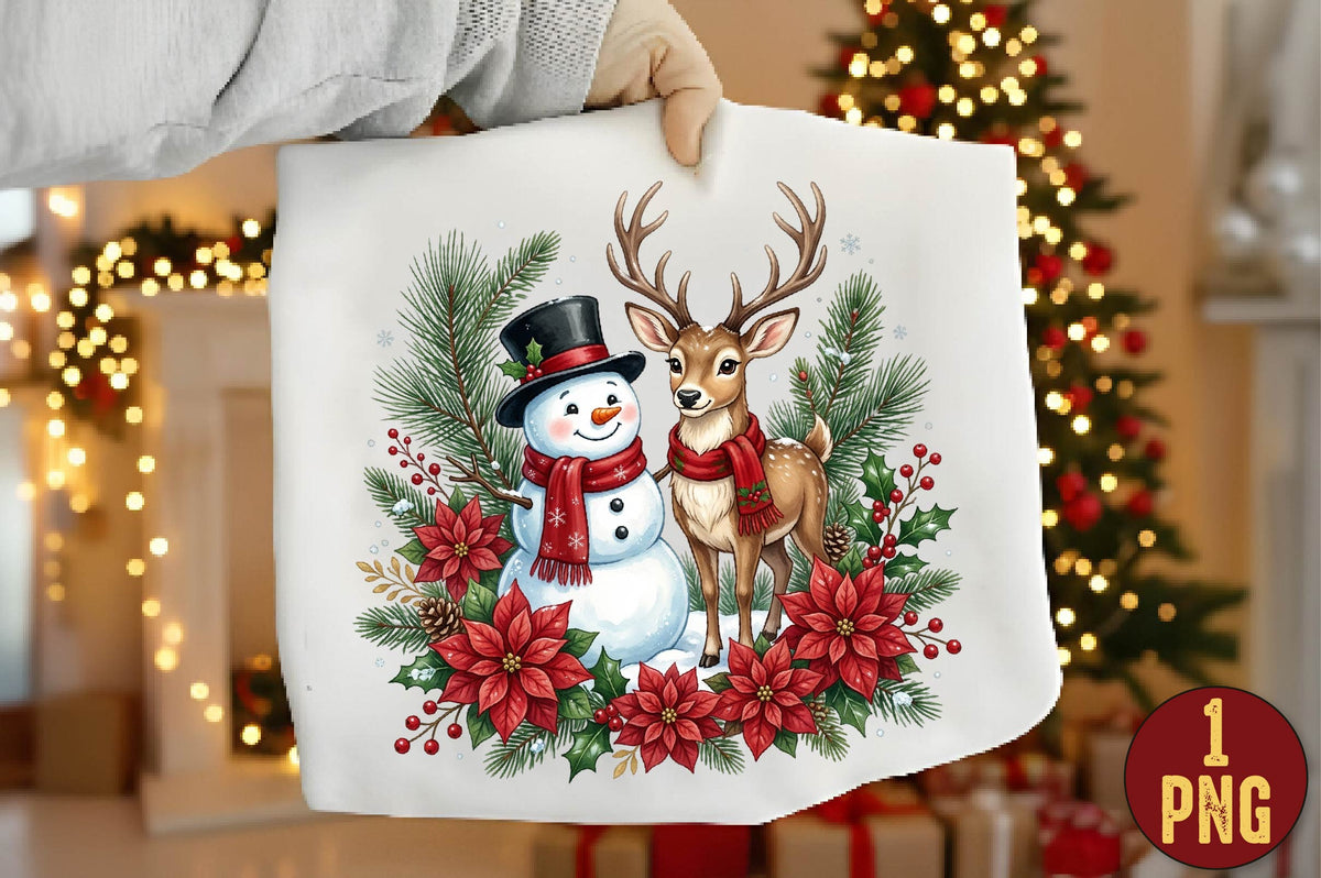 Christmas Snowman and Reindeer PNG, Winter Christmas Clipart, Cute Holiday Sublimation Design