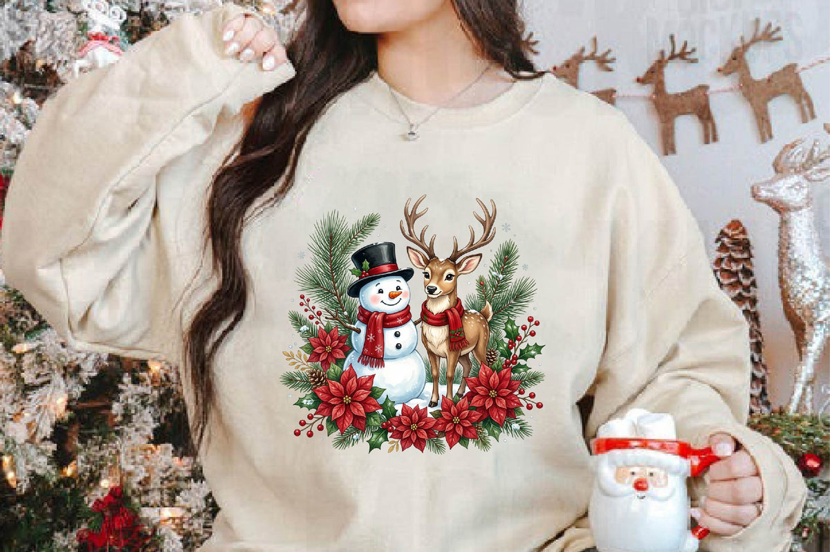 Christmas Snowman and Reindeer PNG, Winter Christmas Clipart, Cute Holiday Sublimation Design