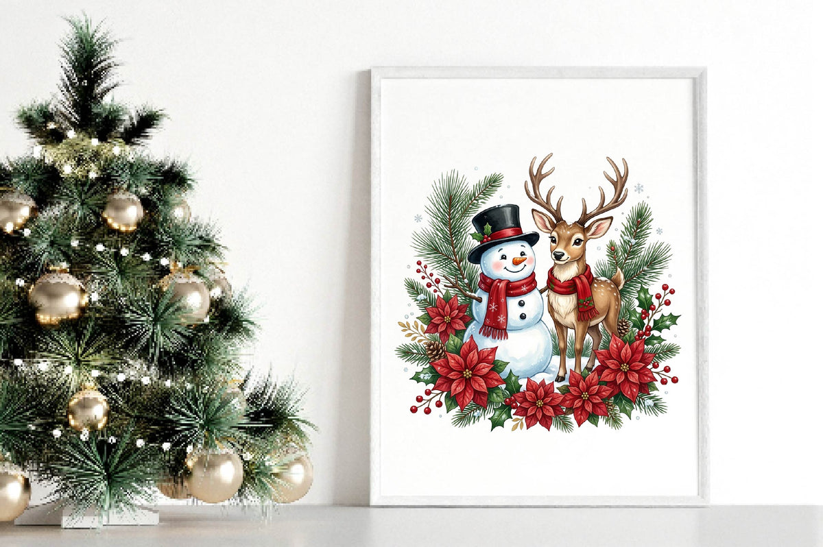 Christmas Snowman and Reindeer PNG, Winter Christmas Clipart, Cute Holiday Sublimation Design