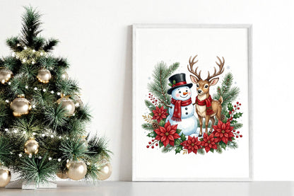 Christmas Snowman and Reindeer PNG, Winter Christmas Clipart, Cute Holiday Sublimation Design