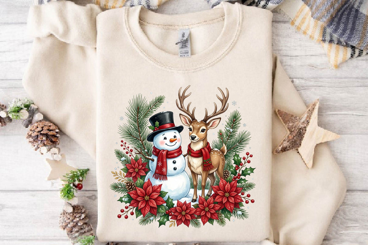 Christmas Snowman and Reindeer PNG, Winter Christmas Clipart, Cute Holiday Sublimation Design