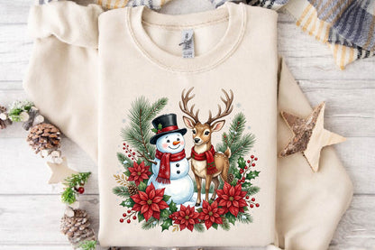 Christmas Snowman and Reindeer PNG, Winter Christmas Clipart, Cute Holiday Sublimation Design