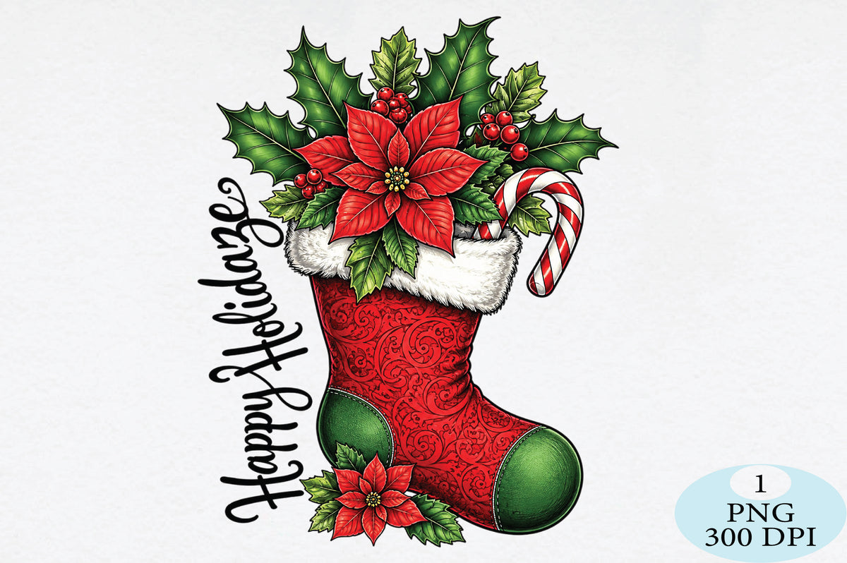 Christmas Stocking Poinsettia Candy Cane PNG