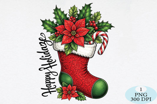 Christmas Stocking Poinsettia Candy Cane PNG