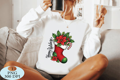 Christmas Stocking Poinsettia Candy Cane PNG