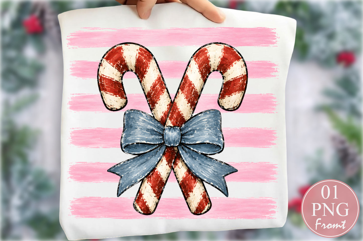 Christmas Candy Cane Bow PNG Pink Stripe Holiday Sublimation Design