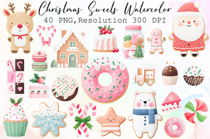Christmas Sweets Watercolor Clipart PNG Bundle