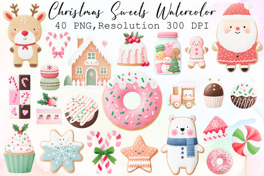 Christmas Sweets Watercolor Clipart PNG Bundle