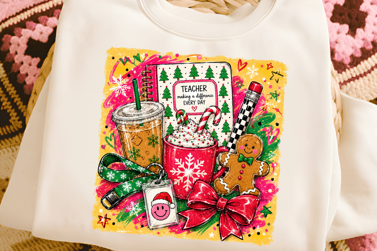Christmas Teacher PNG, Cute Teacher Christmas Sublimation Design, Holiday School Clipart