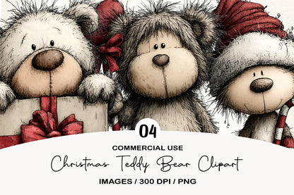 Christmas Teddy Bear Clipart PNG Bundle | Cute Watercolor Holiday Teddy Bear Clipart