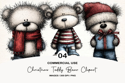Christmas Teddy Bear Clipart PNG Bundle | Cute Watercolor Holiday Teddy Bear Clipart