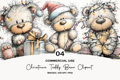Christmas Teddy Bear Clipart PNG Bundle | Cute Watercolor Holiday Teddy Bear Clipart | Festive Winter Teddy Bear PNG