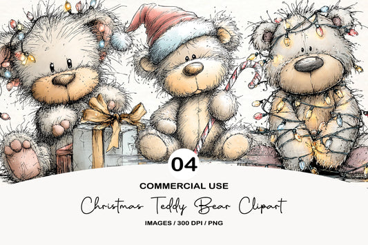 Christmas Teddy Bear Clipart PNG Bundle | Cute Watercolor Holiday Teddy Bear Clipart | Festive Winter Teddy Bear PNG