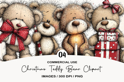 Christmas Teddy Bear Clipart PNG Bundle | Cute Watercolor Holiday Teddy Bear Clipart | Festive Christmas Bear PNG