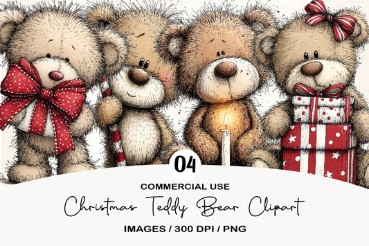 Christmas Teddy Bear Clipart PNG Bundle | Cute Watercolor Holiday Teddy Bear Clipart | Festive Christmas Bear PNG