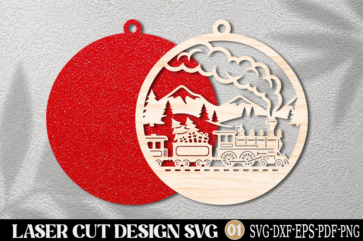 Christmas Train Mountain Scene SVG | Winter Train Ornament Laser Cut Design