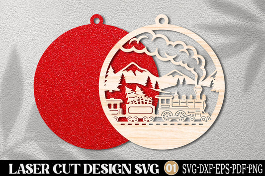 Christmas Train Mountain Scene SVG | Winter Train Ornament Laser Cut Design