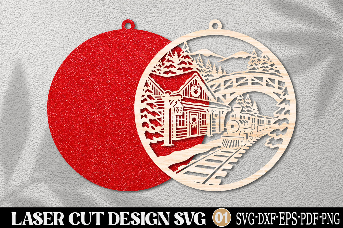 Christmas Train Station Village Ornament SVG | Winter Railway Laser Cut Design