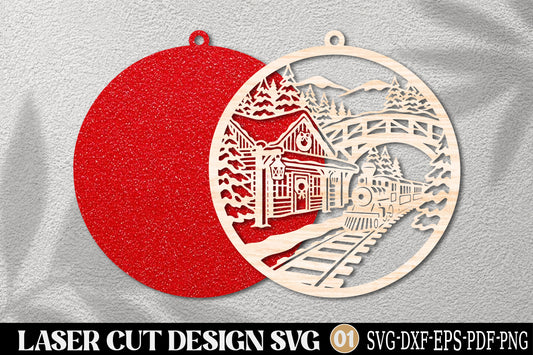 Christmas Train Station Village Ornament SVG | Winter Railway Laser Cut Design