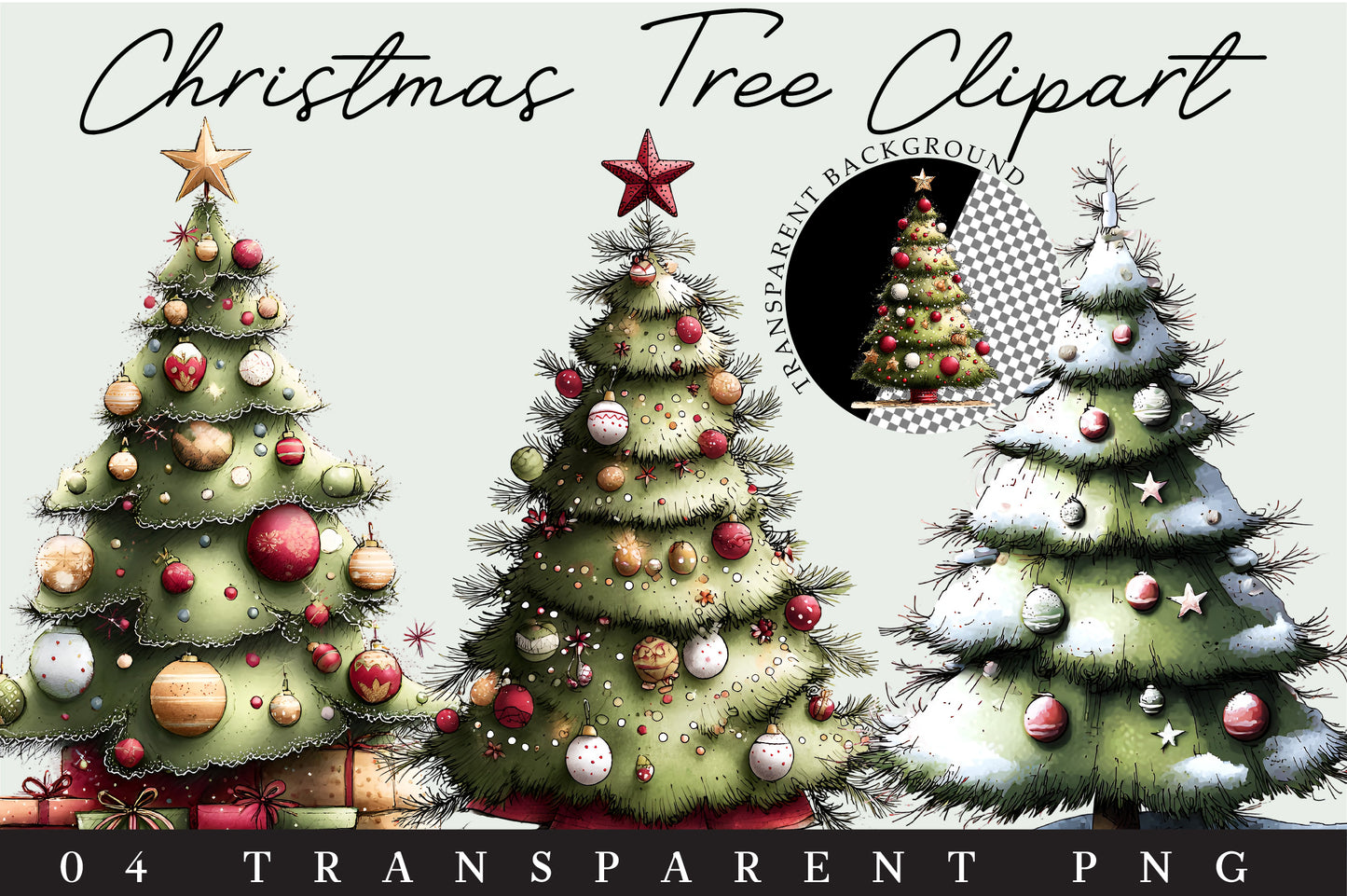 Christmas Tree Clipart PNG Bundle -4 Designs