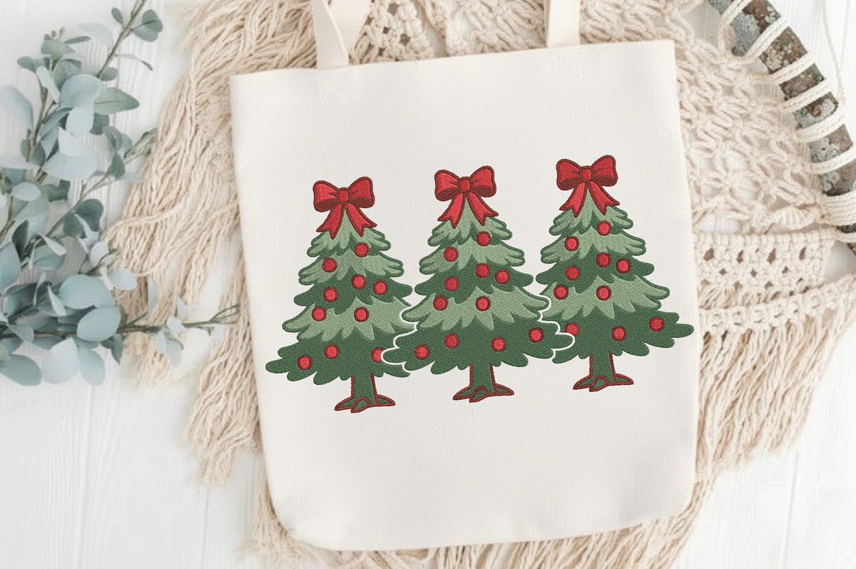 Christmas Tree Coquette Bow Embroidery Design – Cute Christmas Tree & Bow Machine Embroidery Pattern, Girly Holiday Embroidery Design