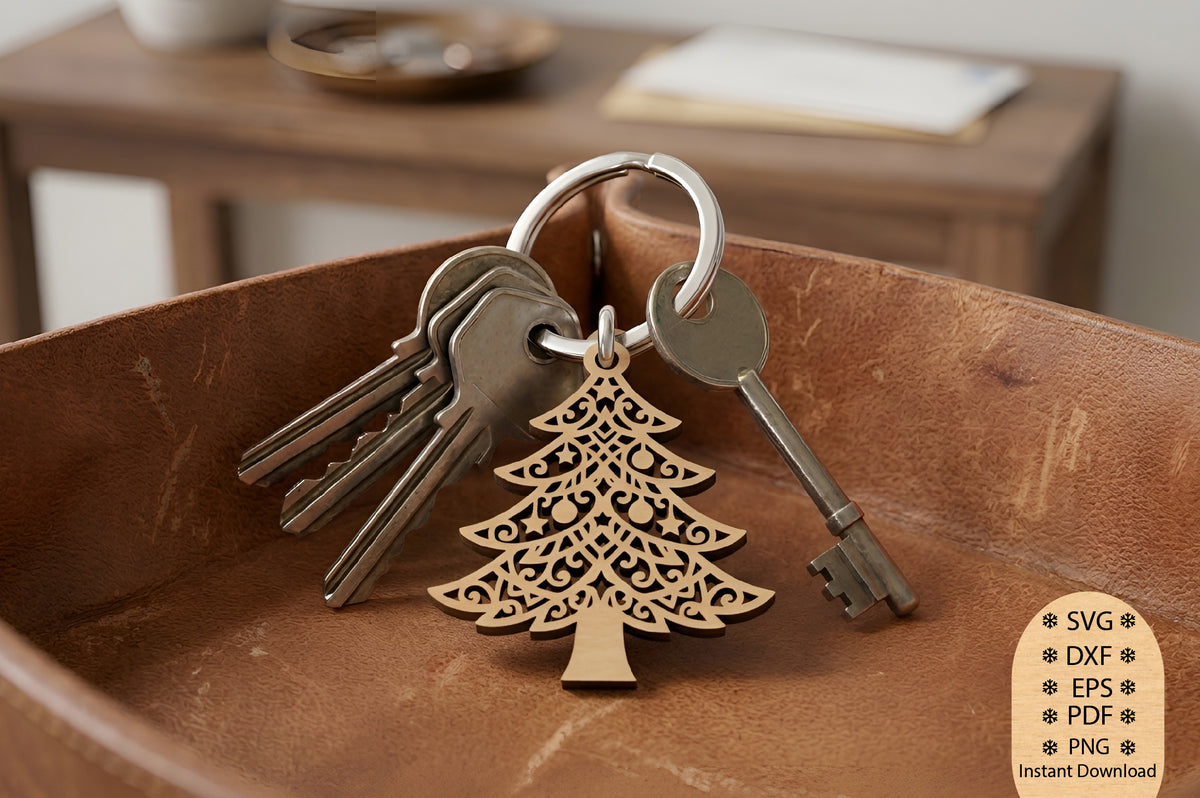 Christmas Tree Keychain Laser Cut SVG, Christmas Tree Keychain Cut File, Holiday Tree Keychain SVG, Festive Keychain Design