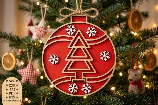 Christmas Tree Ornament Laser Cut SVG, Christmas Tree Ornament Cut File, Holiday Tree SVG, Snowflake Ornament Design
