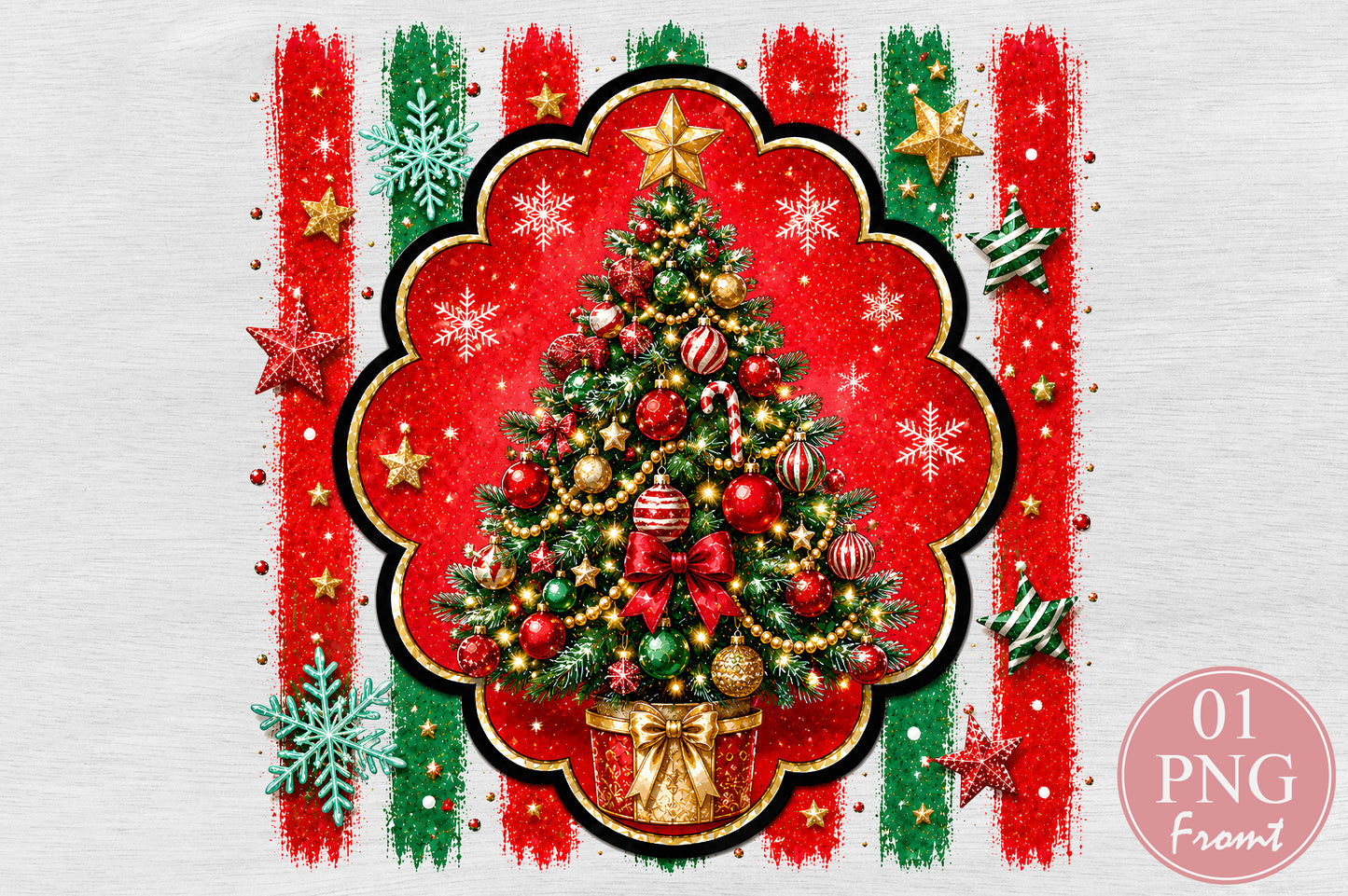 Christmas Tree PNG Red Green Gold Ornament Sublimation Design