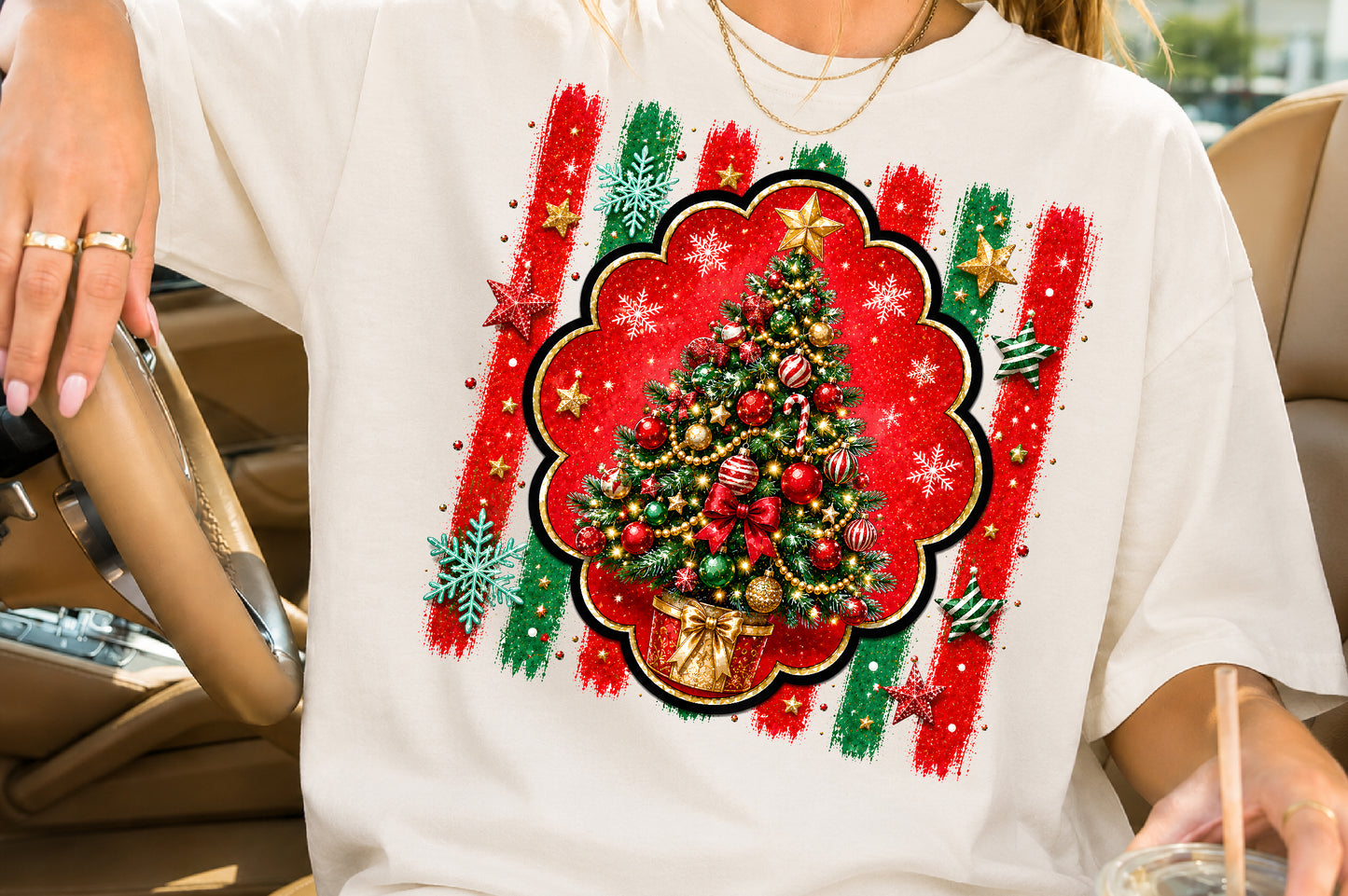 Christmas Tree PNG Red Green Gold Ornament Sublimation Design