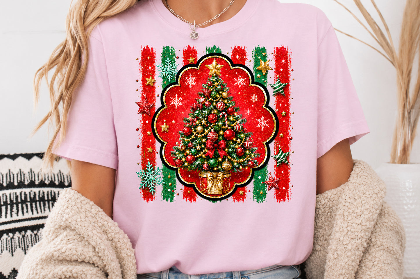 Christmas Tree PNG Red Green Gold Ornament Sublimation Design