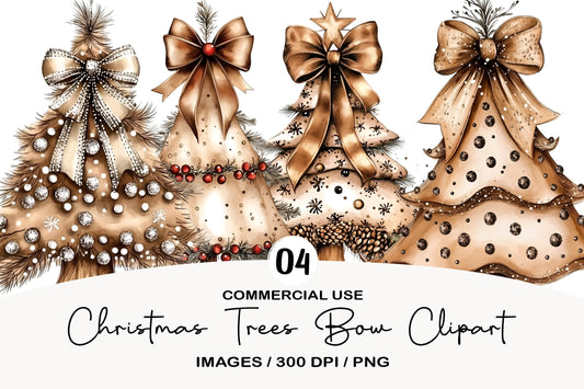 Christmas Trees Bow Clipart PNG Bundle | Watercolor Christmas Tree with Bow Clipart | Festive Holiday Tree PNG