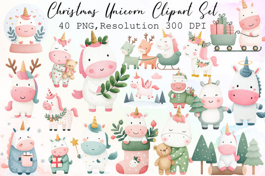 Christmas Unicorn Watercolor Clipart PNG Bundle
