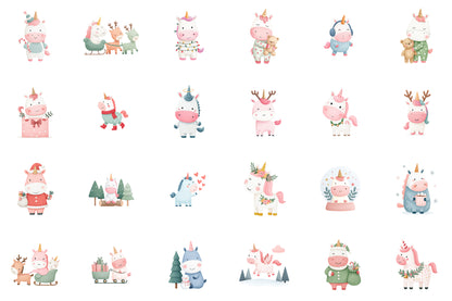 Christmas Unicorn Watercolor Clipart PNG Bundle