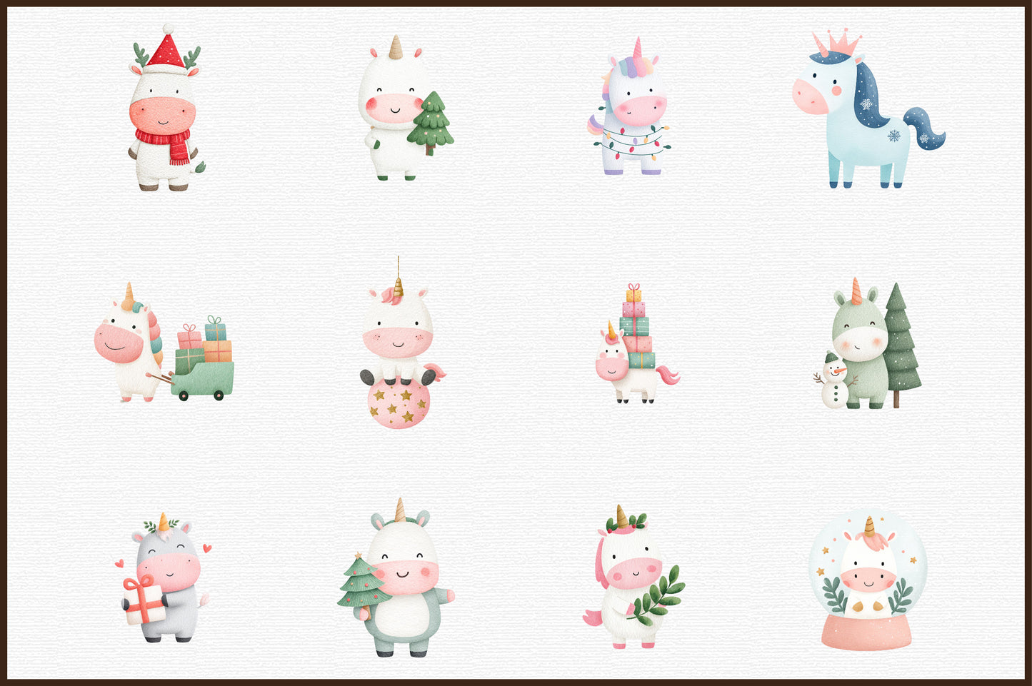 Christmas Unicorn Watercolor Clipart PNG Bundle