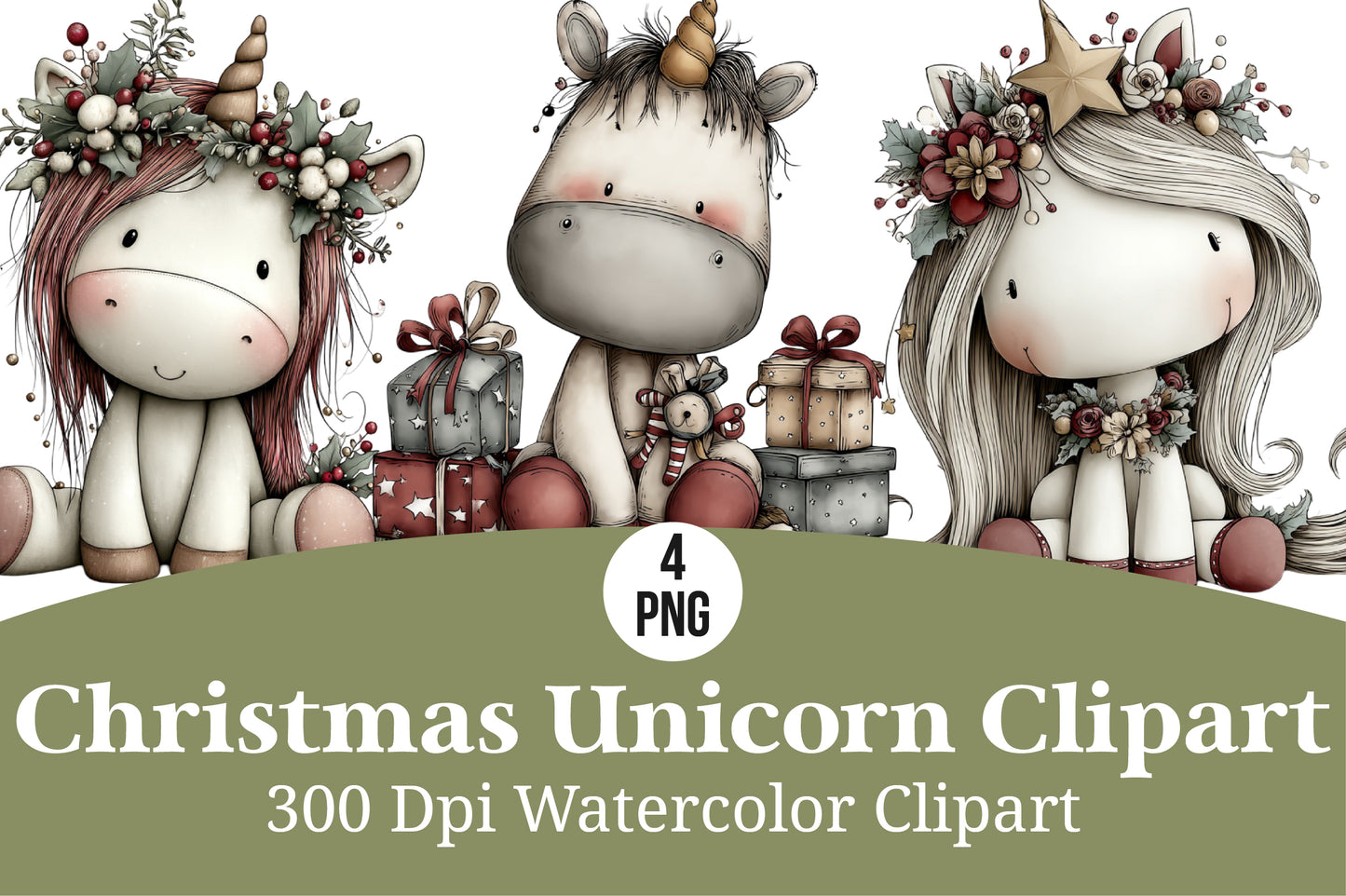 Christmas Unicorn Watercolor Clipart PNG Bundle