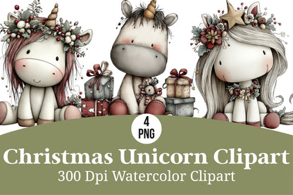 Christmas Unicorn Watercolor Clipart PNG Bundle